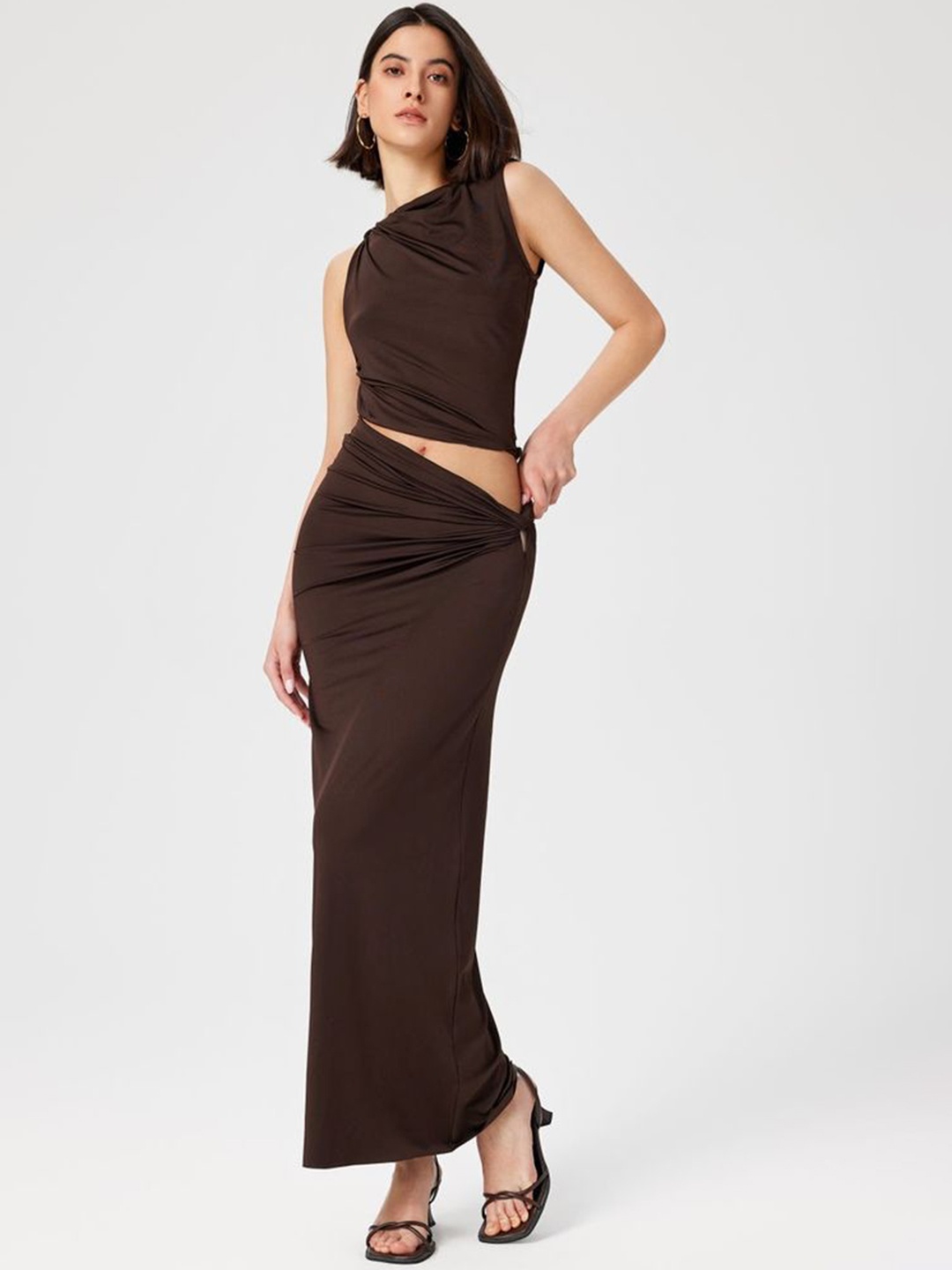 

LULU & SKY Round Neck Ruched Detail Top & Maxi Skirt, Brown