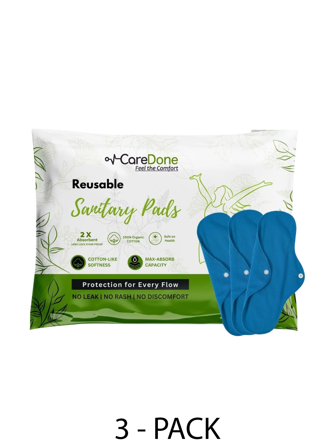 

CareDone Set Of 3 Washable & Reusable Comfty Extra Large Organic Cotton Sanitary Pads - Xl, Blue