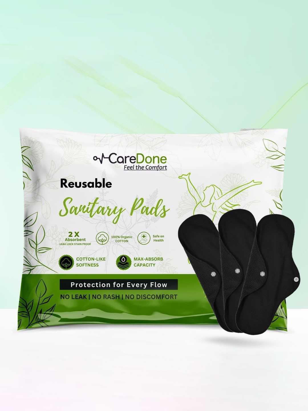 

CareDone Set Of 3 Washable & Reusable Comfty Extra Large Organic Cotton Sanitary Pads - Xl, Black