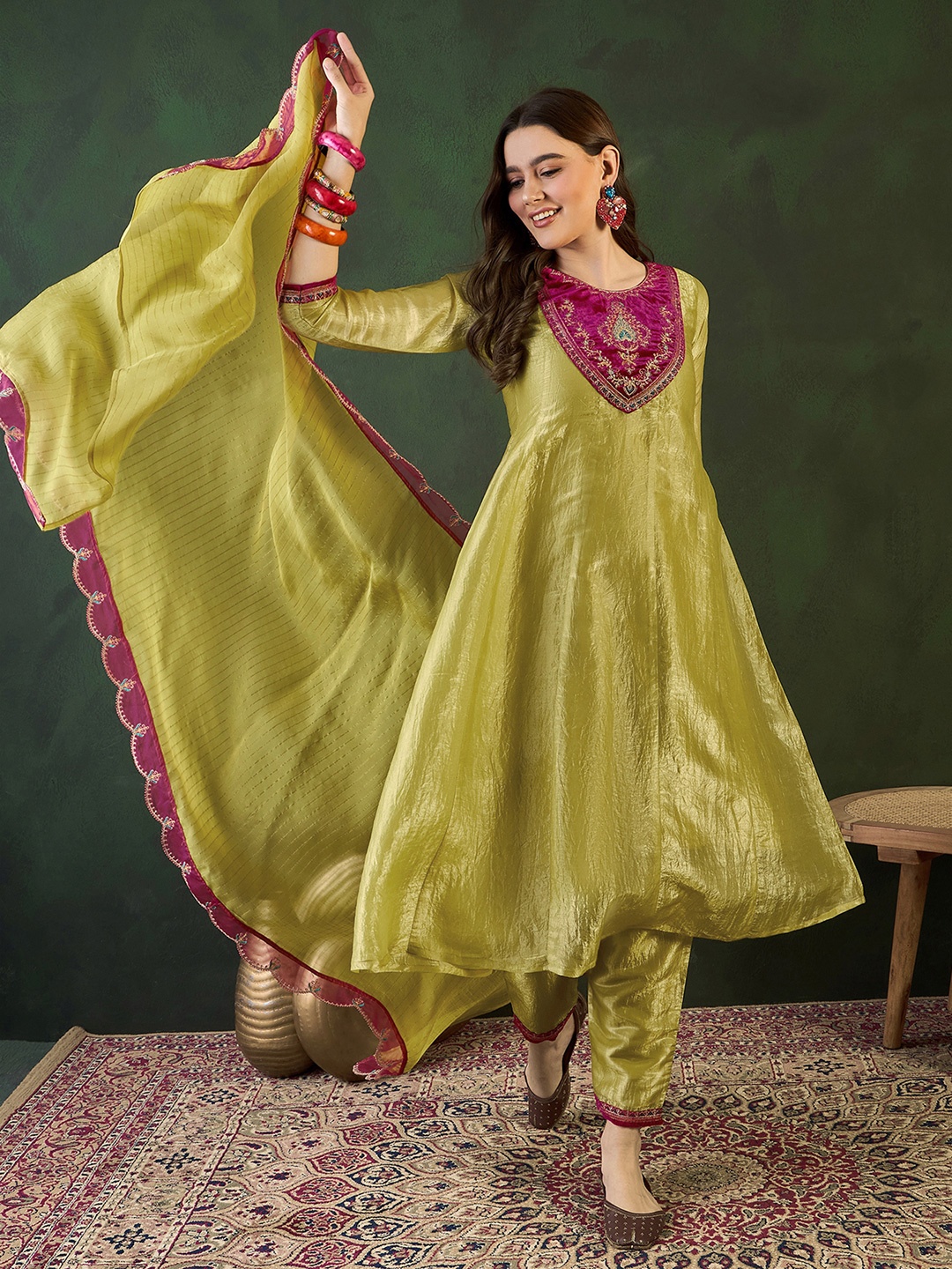 

Sangria Floral Embroidered A-Line Kurta Trouser With Dupatta, Lime green