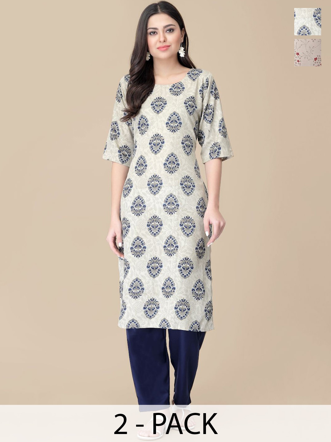 

7Threads Selection Of 2 Floral Printed Round Neck Straight Kurtas With Trousers, Blue