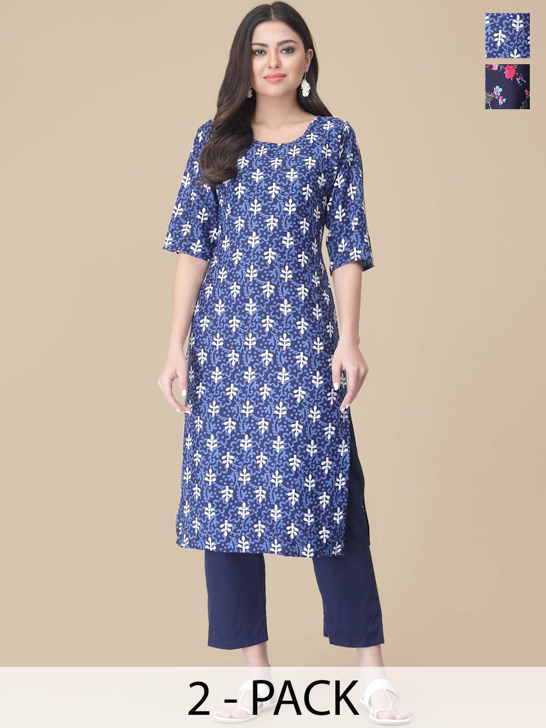 

7Threads Selection Of 2 Floral Printed Round Neck Straight Kurtas With Trousers, Blue