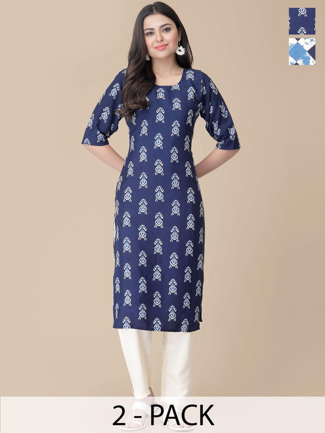 

7Threads Selection Of 2 Ethnic Motifs Printed Round Neck Straight Kurtas With Trousers, Navy blue