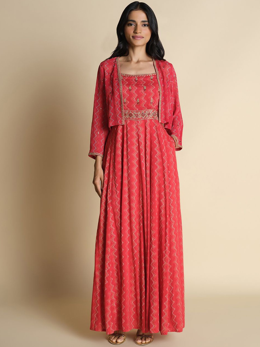 

Global Desi Printed Gown Maxi Ethnic Dress With Shrug, Red
