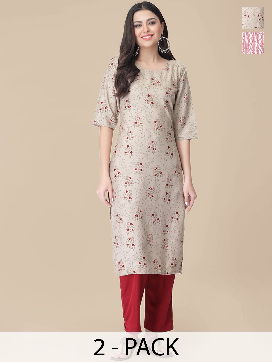 

7Threads Selection Of 2 Floral Printed Round Neck Straight Kurtas With Trousers, Beige