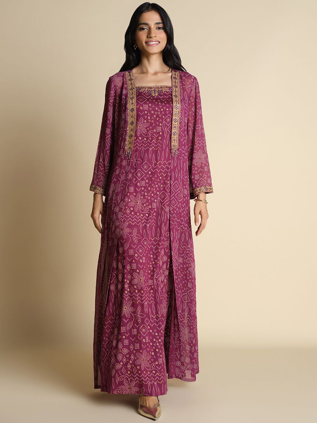 

Global Desi Women Printed Maxi Ethnic Dresses, Purple