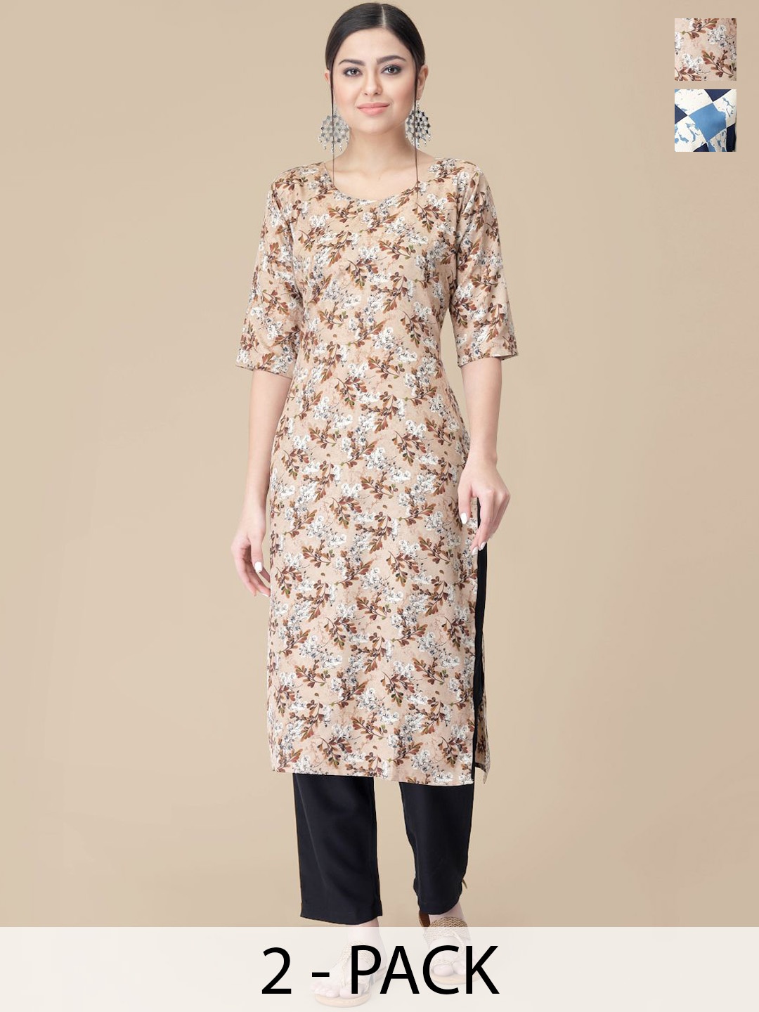 

7Threads Selection Of 2 Floral Printed Round Neck Straight Kurtas With Trousers, Beige