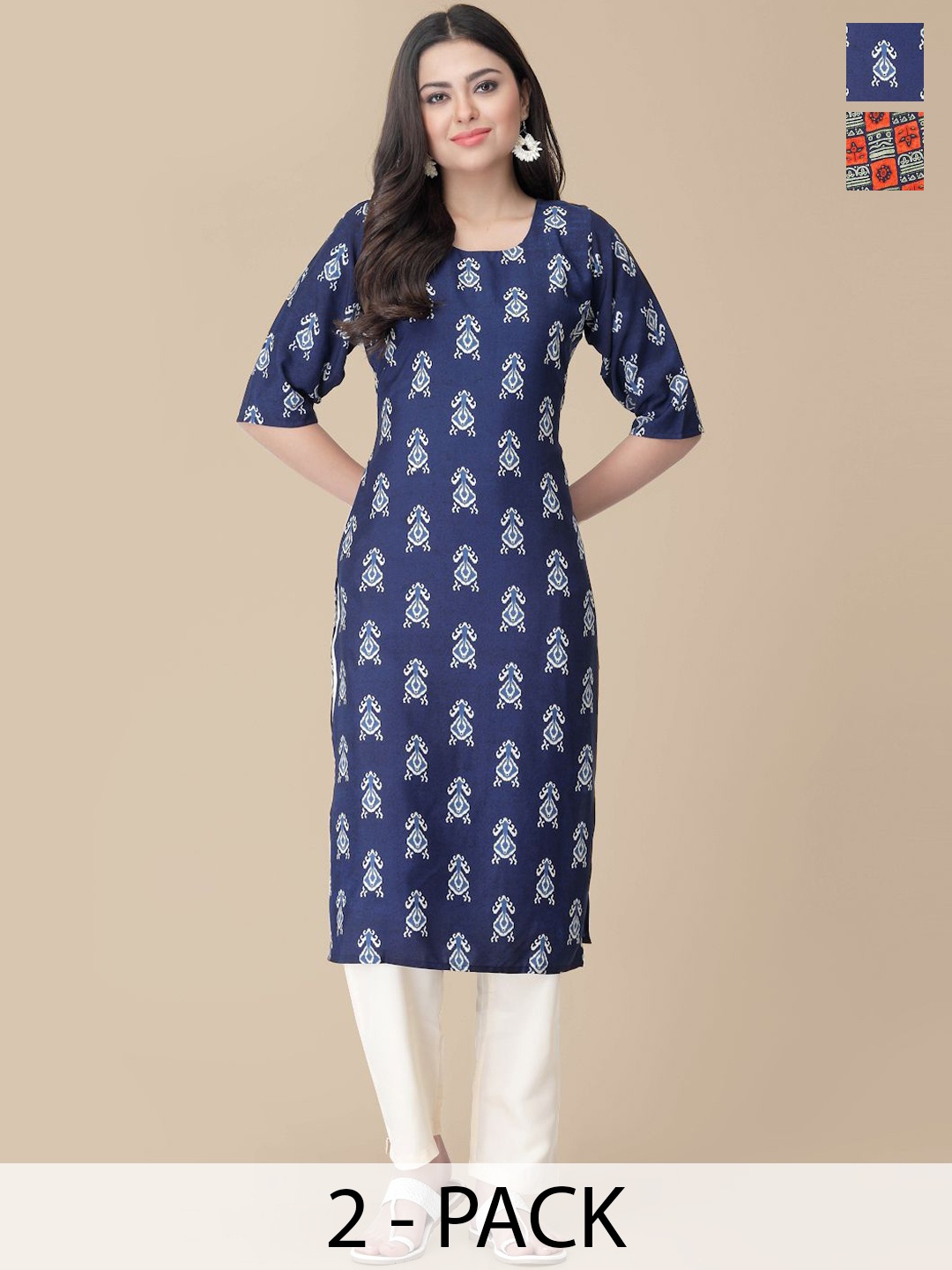 

7Threads Selection Of 2 Ethnic Motifs Printed Round Neck Straight Kurtas With Trousers, Blue