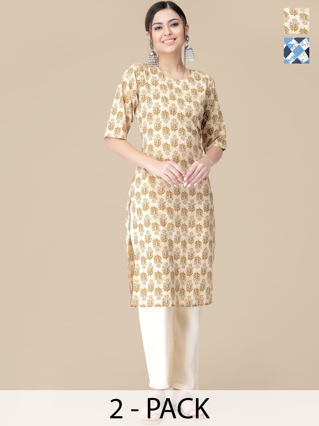 

7Threads Selection Of 2 Floral Printed Round Neck Straight Kurtas With Trousers, Beige