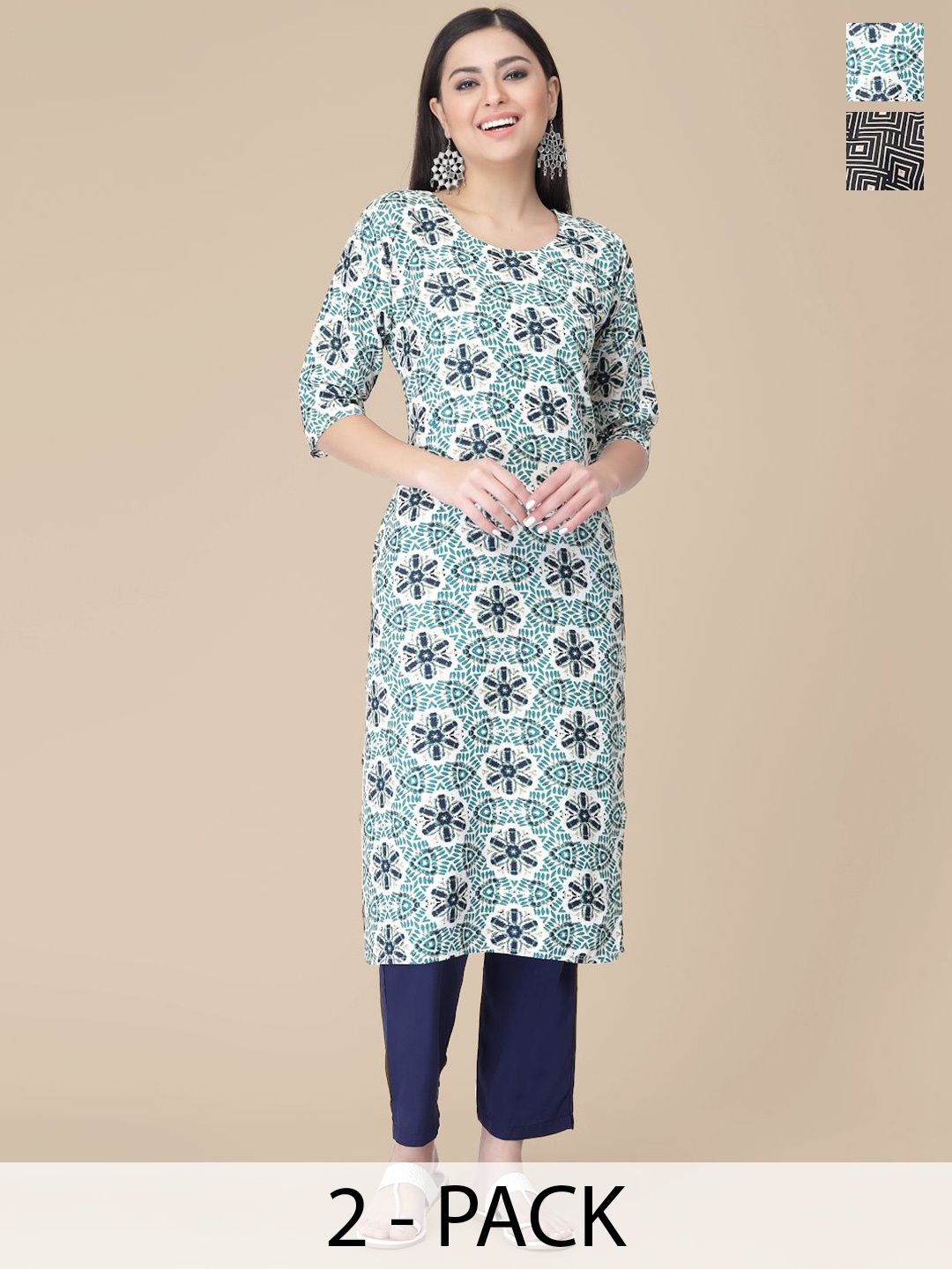 

7Threads Selection Of 2 Ethnic Motifs Printed Round Neck Straight Kurtas With Trousers, White