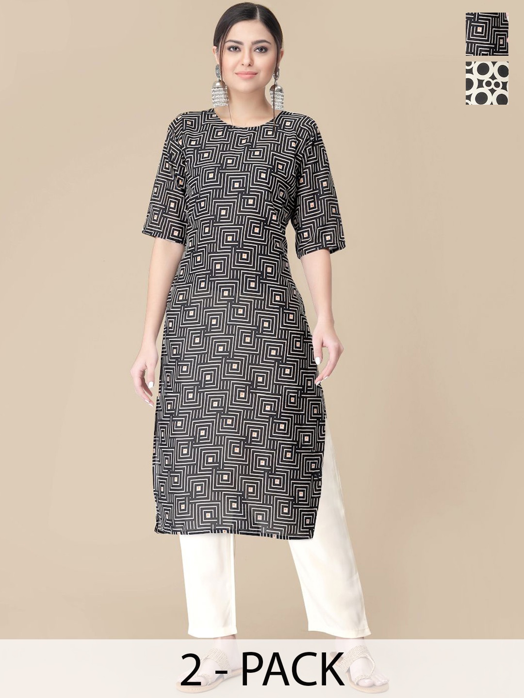 

7Threads Selection Of 2 Geometric Printed Round Neck Straight Kurtas With Trousers, Black