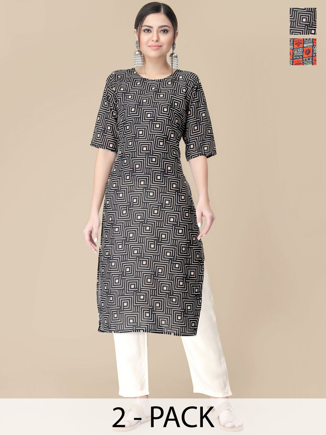 

7Threads Selection Of 2 Geometric Printed Round Neck Straight Kurtas With Trousers, Black
