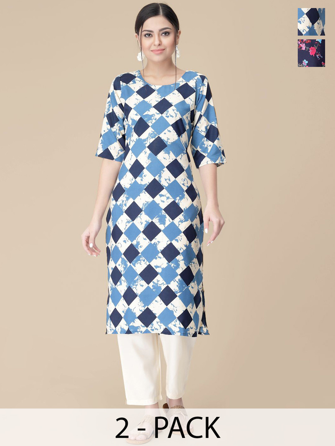 

7Threads Selection Of 2 Geometric Printed Round Neck Straight Kurtas With Trousers, Navy blue