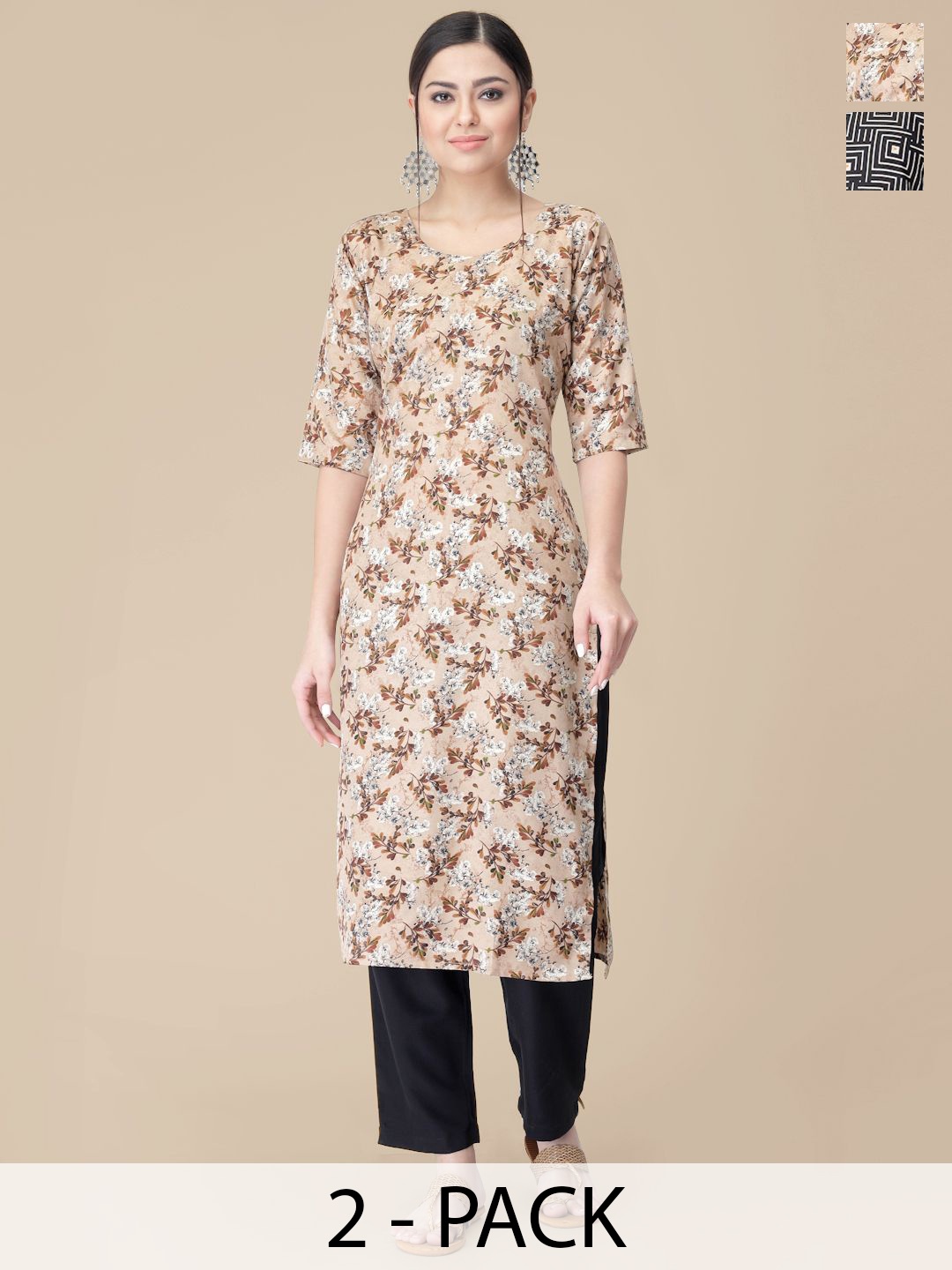 

7Threads Selection Of 2 Floral Printed Round Neck Straight Kurtas With Trousers, Beige
