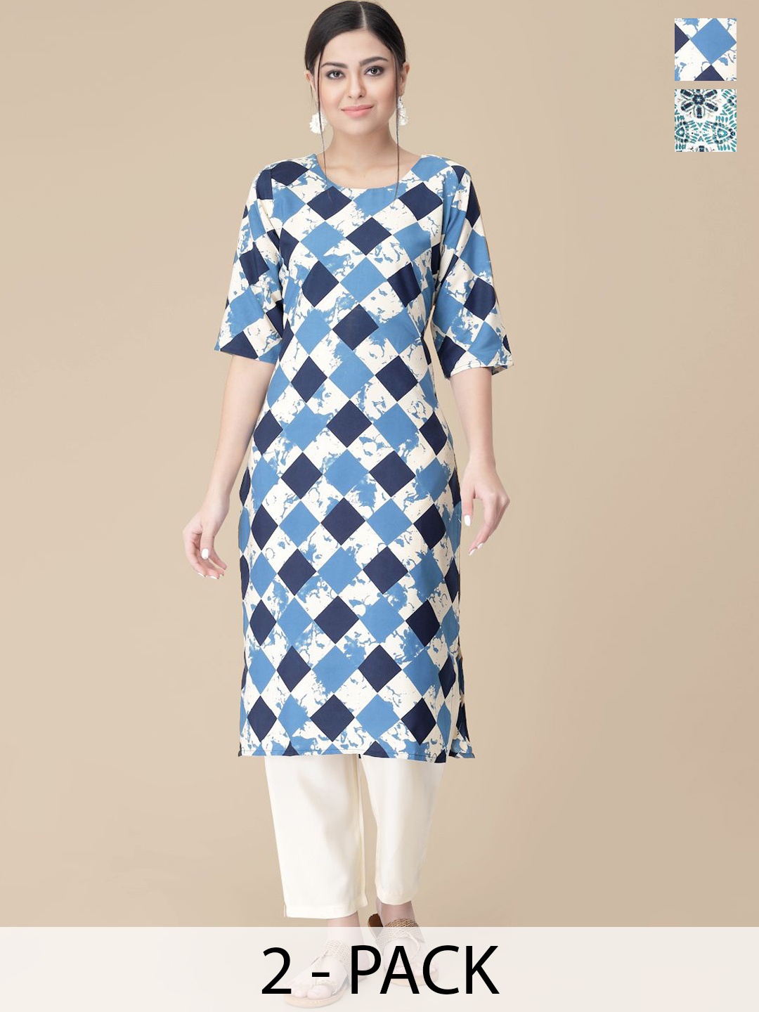 

7Threads Selection Of 2 Geometric Printed Round Neck Straight Kurtas With Trousers, Navy blue