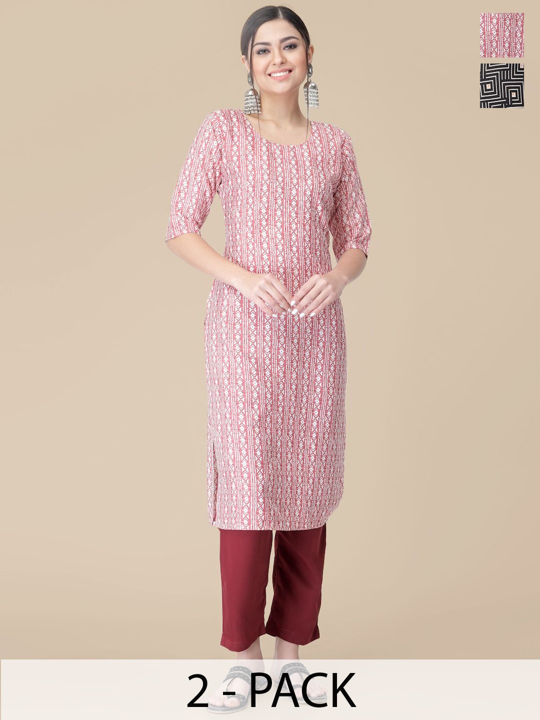 

7Threads Selection Of 2 Ethnic Motifs Printed Round Neck Straight Kurtas With Trousers, Pink
