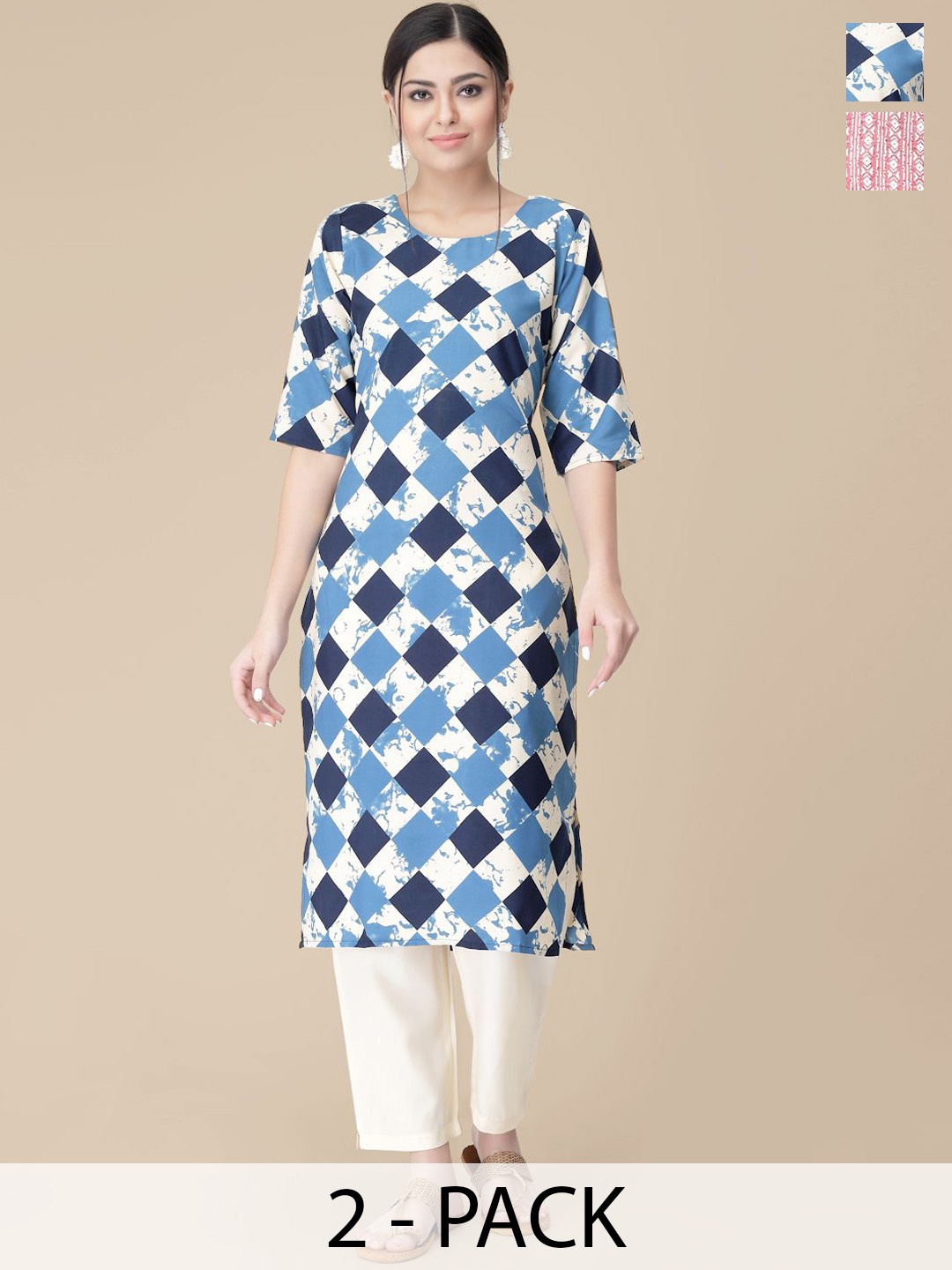 

7Threads Selection Of 2 Geometric Printed Round Neck Straight Kurtas With Trousers, Navy blue