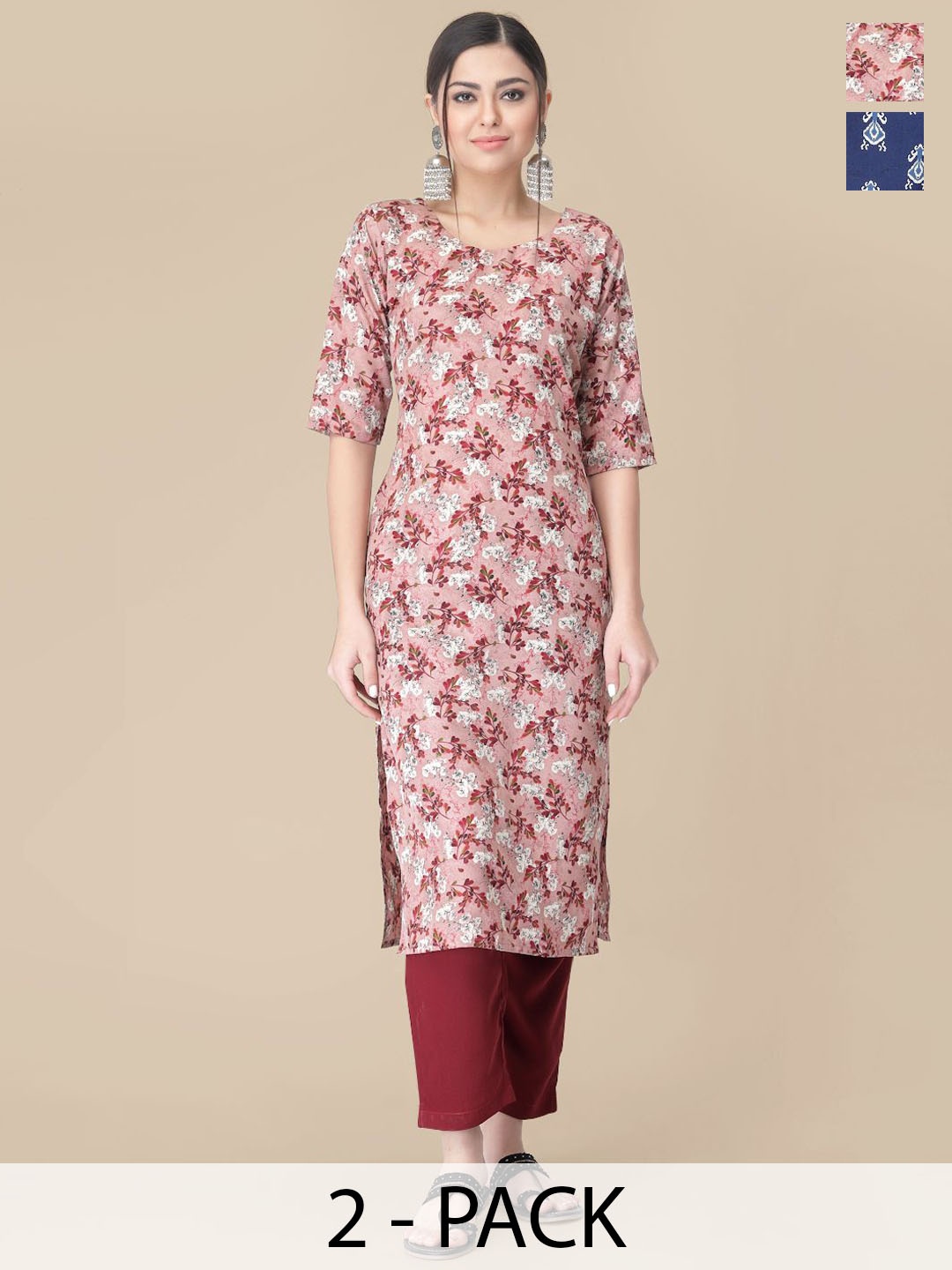 

7Threads Selection Of 2 Floral Printed Round Neck Straight Kurtas With Trousers, Pink