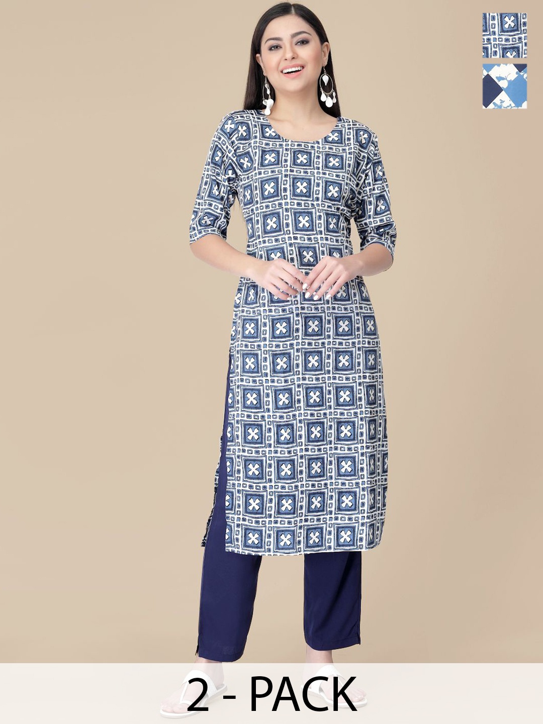 

7Threads Selection Of 2 Ethnic Motifs Printed Round Neck Straight Kurtas With Trousers, White