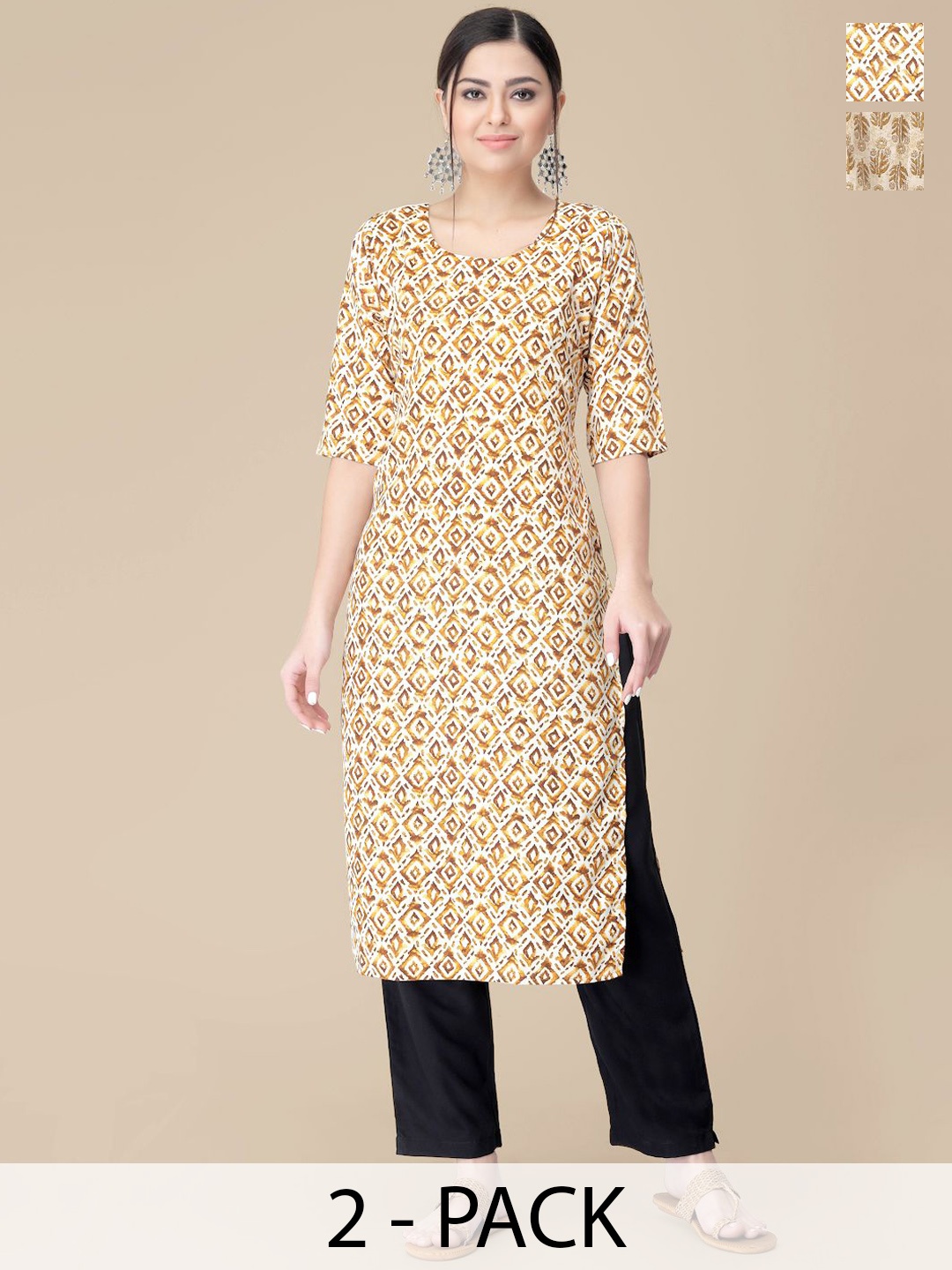 

7Threads Selection Of 2 Ethnic Motifs Printed Round Neck Straight Kurtas With Trousers, White