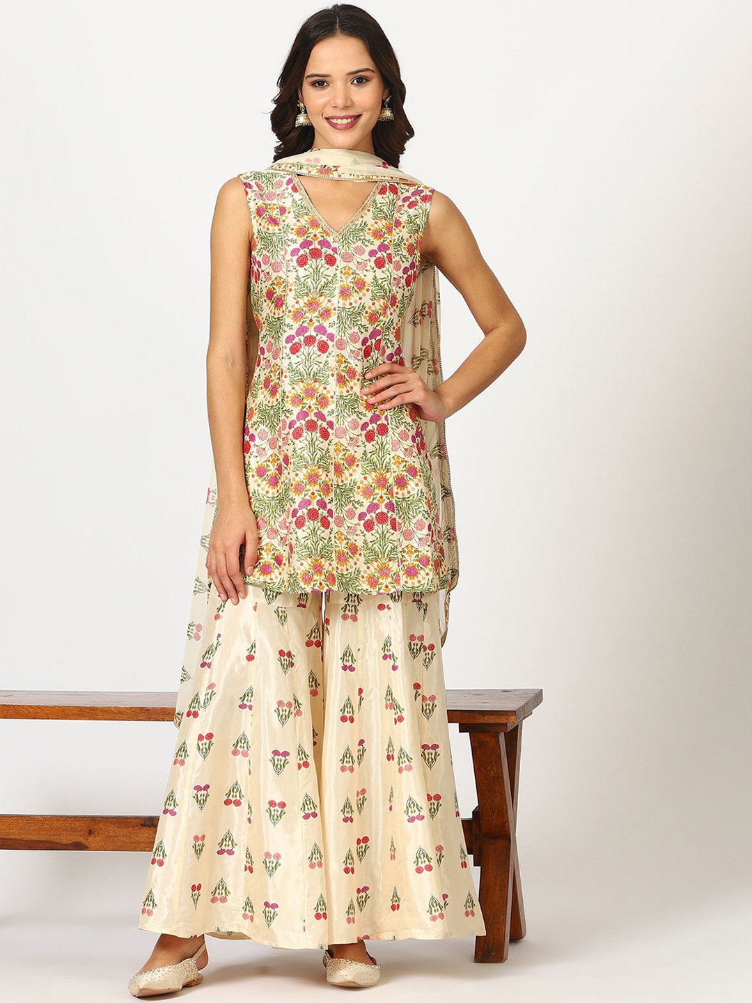 

W Floral Printed V-Neck A-Line Kurti With Sharara And Dupatta, Cream