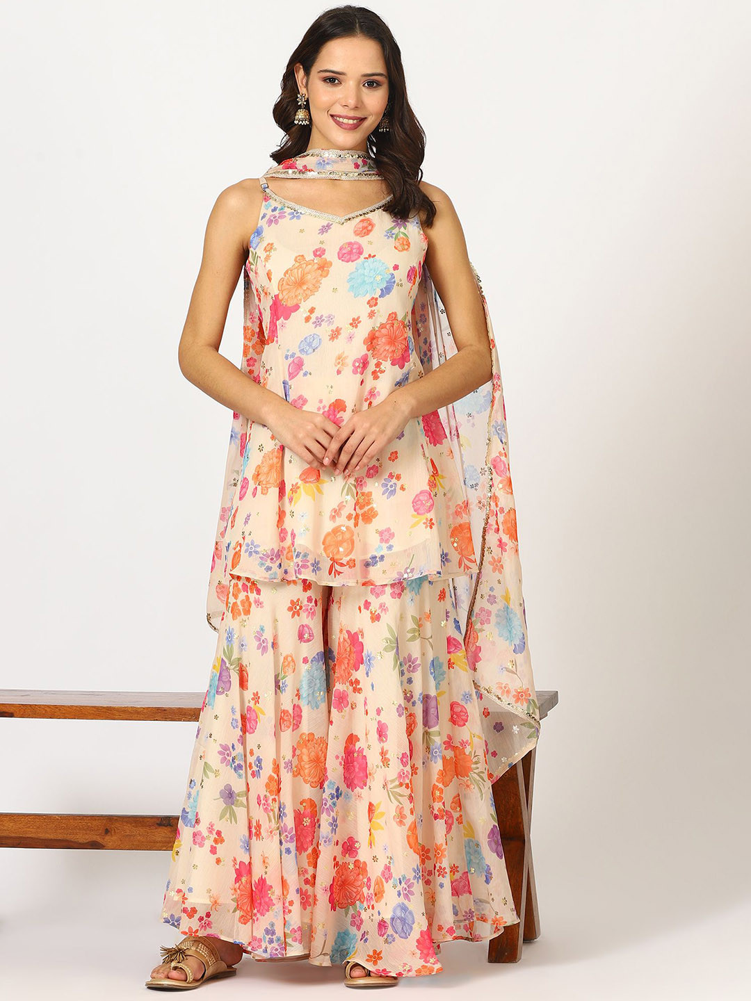 

W Floral Printed Shoulder Strap Neck A-Line Kurti With Sharara And Dupatta, Peach