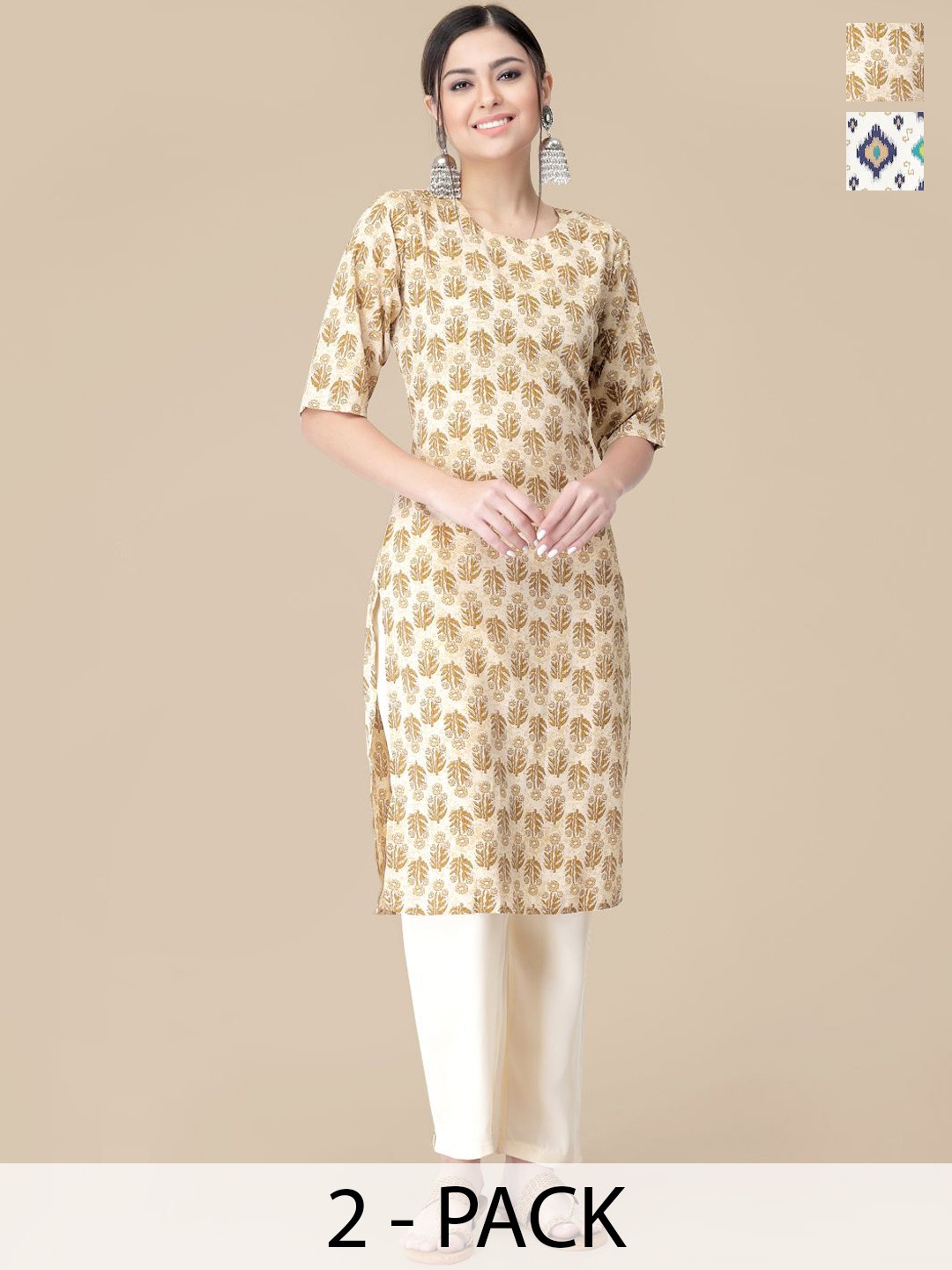 

7Threads Selection Of 2 Floral Printed Round Neck Straight Kurtas With Trousers, Beige