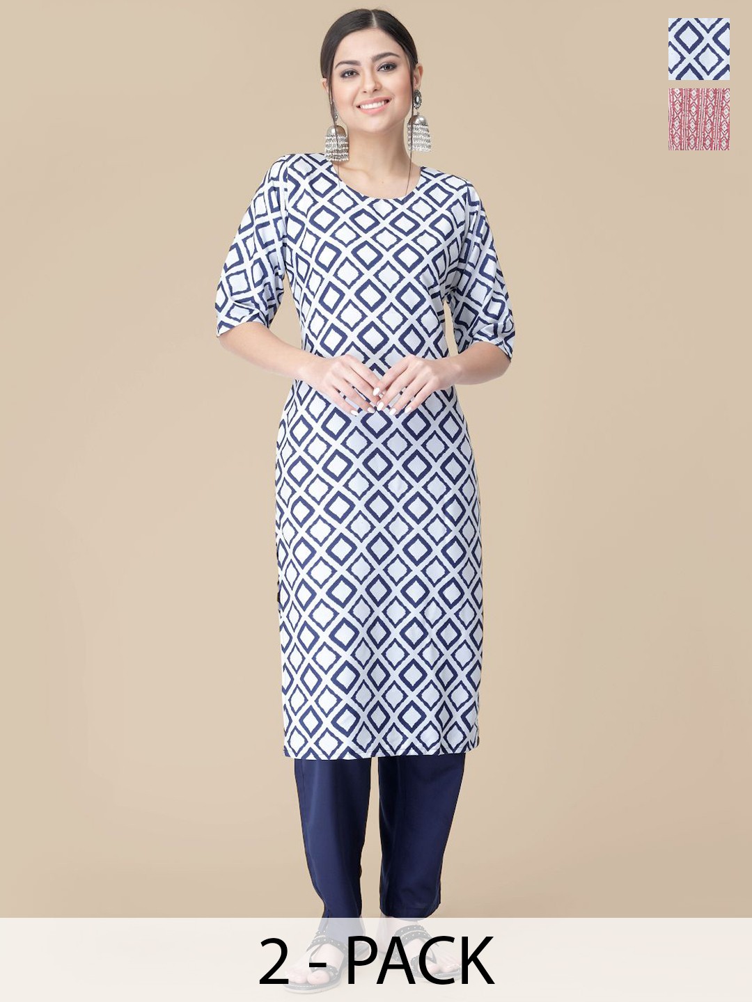 

7Threads Selection Of 2 Geometric Printed Round Neck Straight Kurtas With Trousers, Blue