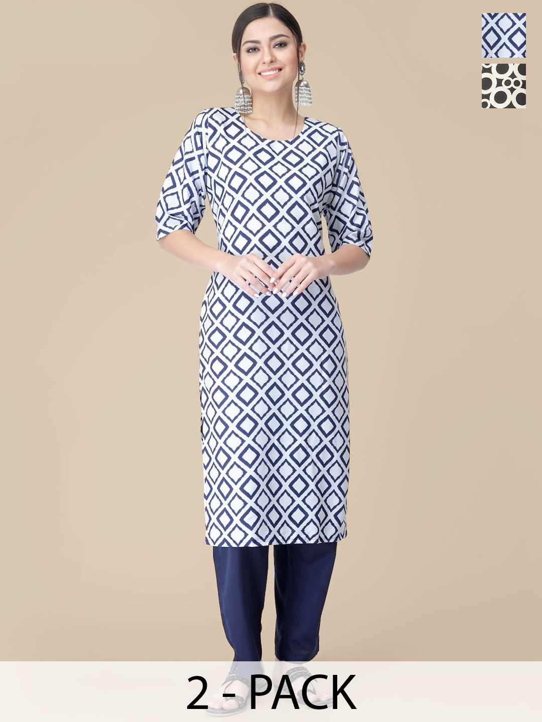 

7Threads Selection Of 2 Geometric Printed Round Neck Straight Kurtas With Trousers, White