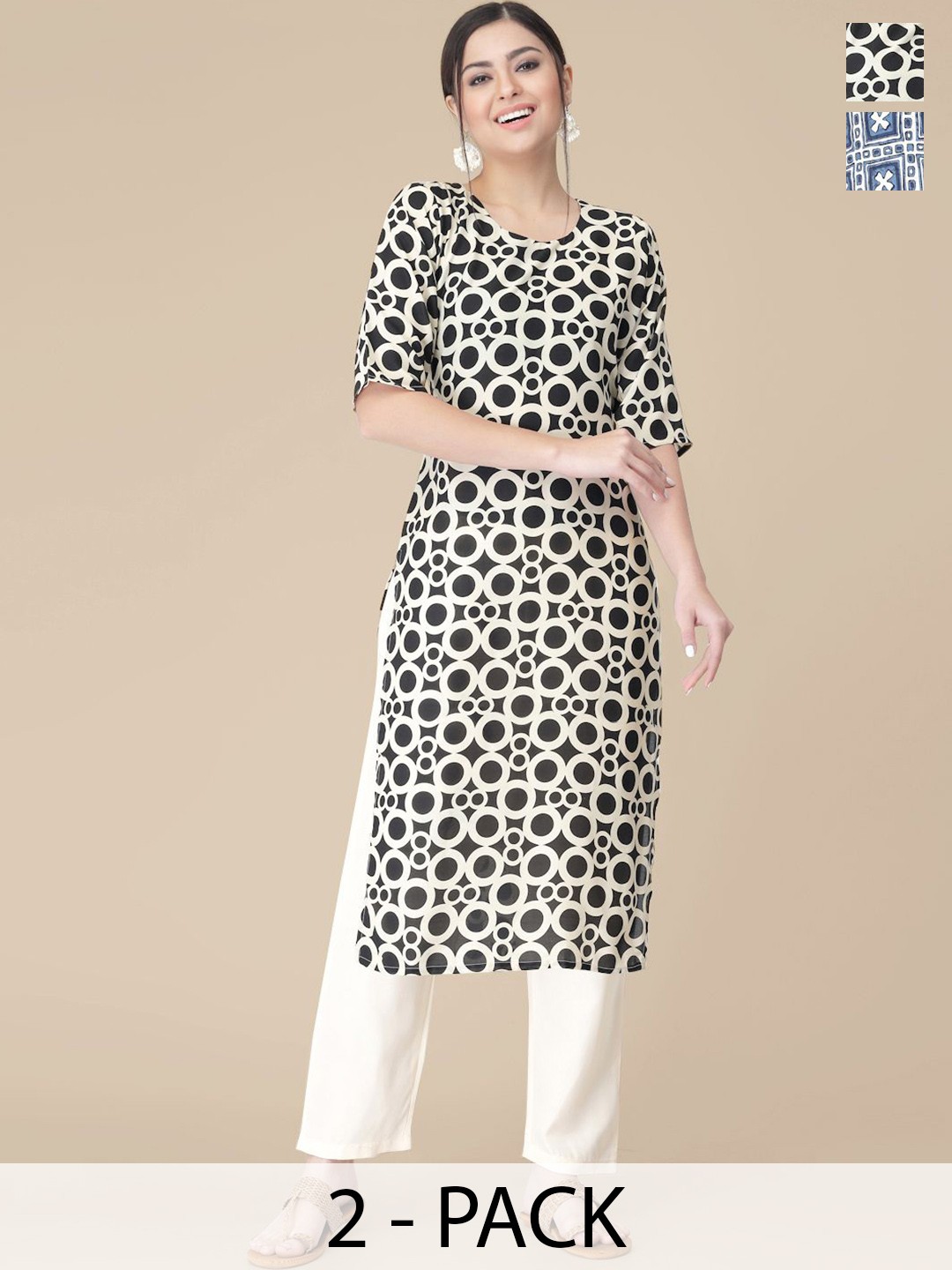 

7Threads Selection Of 2 Geometric Printed Round Neck Straight Kurtas With Trousers, Black