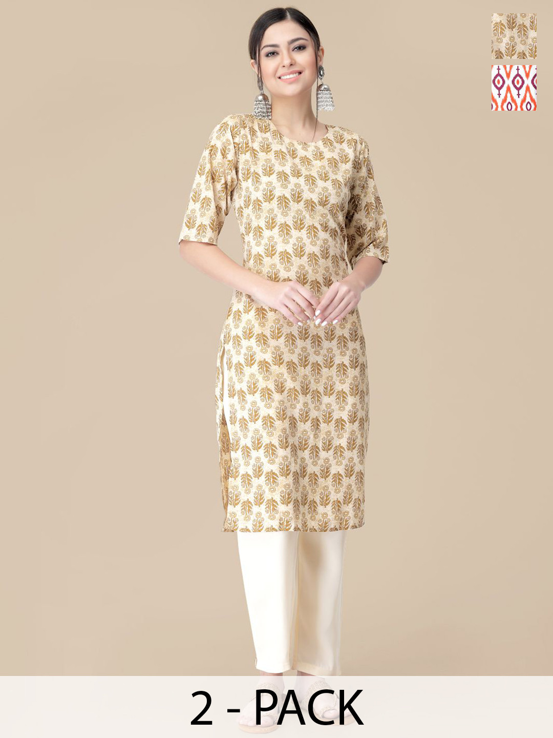 

7Threads Selection Of 2 Floral Printed Round Neck Straight Kurtas With Trousers, Beige