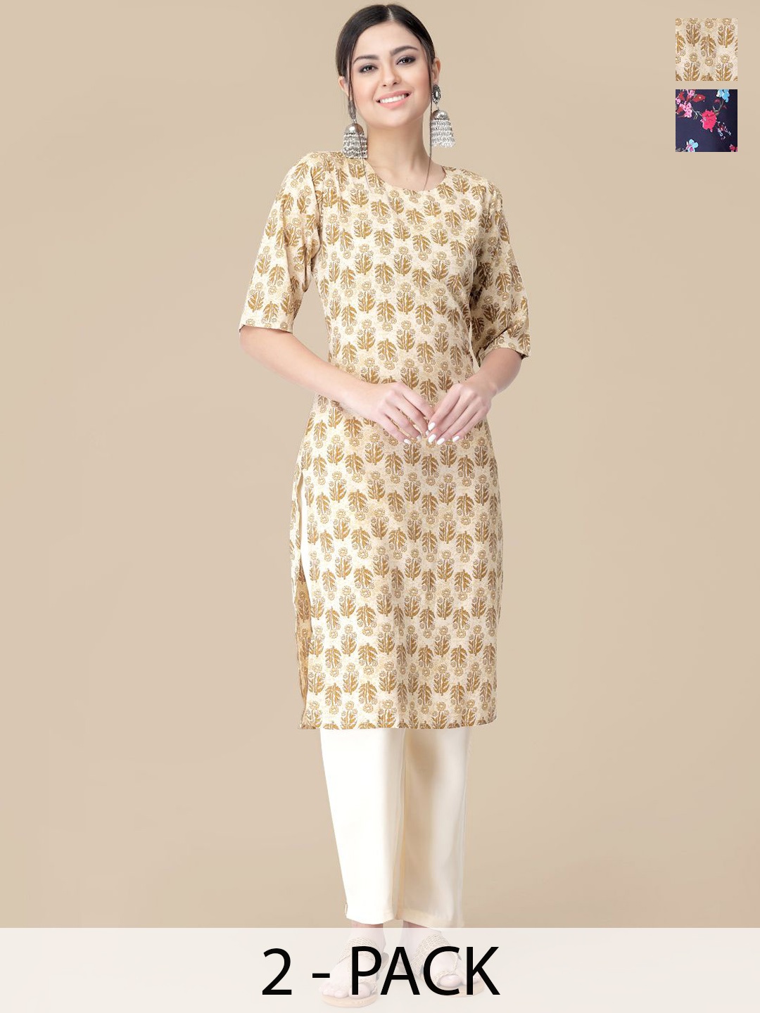 

7Threads Selection Of 2 Floral Printed Round Neck Straight Kurtas With Trousers, Beige