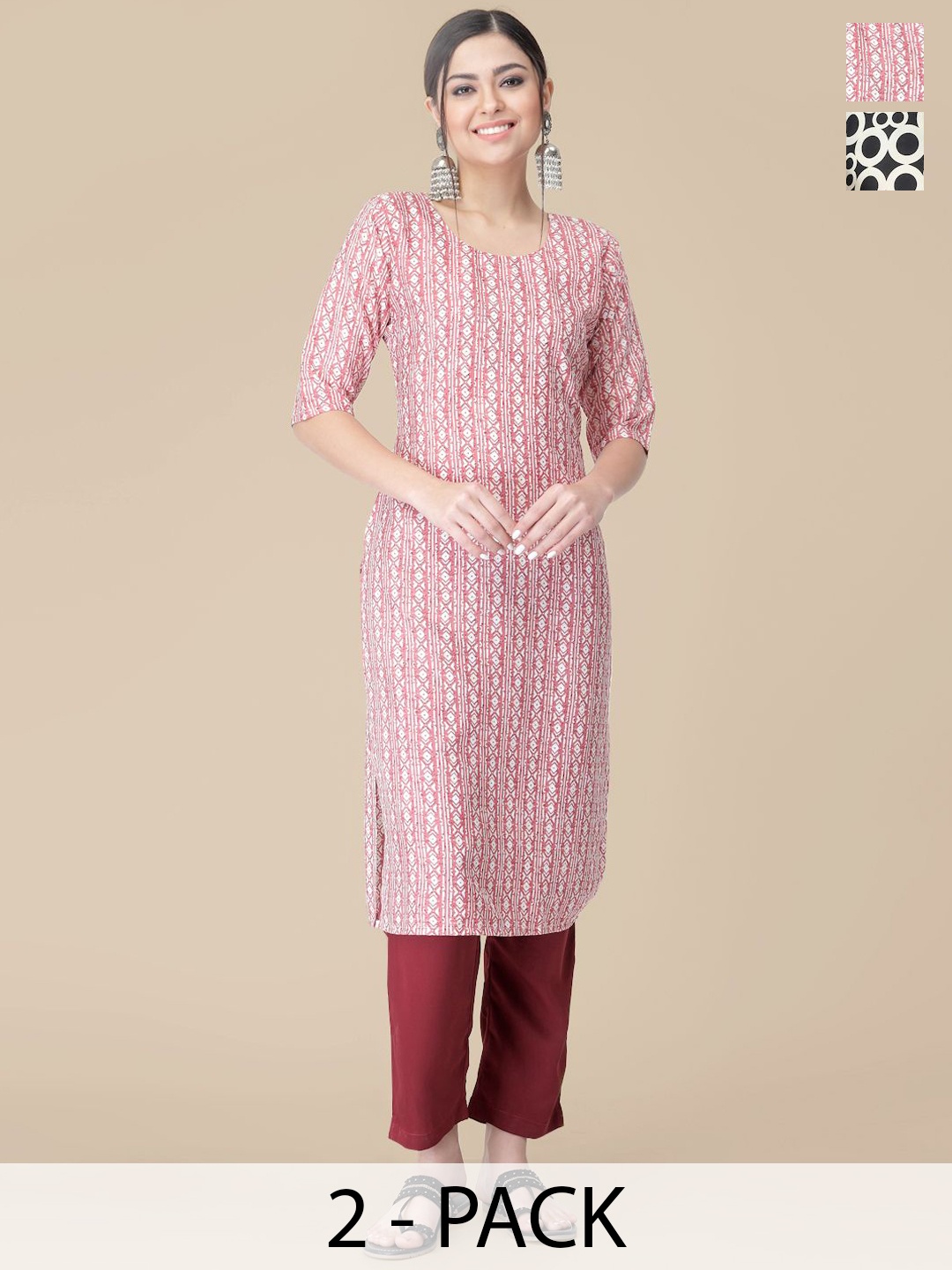 

7Threads Selection Of 2 Ethnic Motifs Printed Round Neck Straight Kurtas With Trousers, Pink