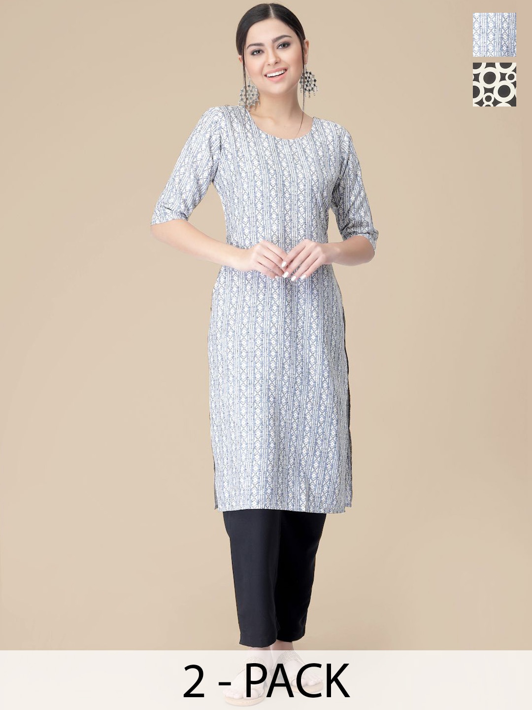 

7Threads Selection Of 2 Ethnic Motifs Printed Round Neck Straight Kurtas With Trousers, White