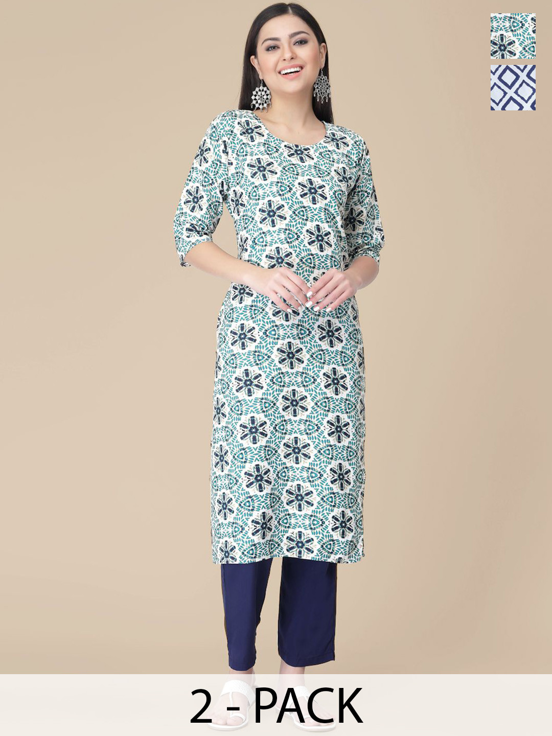 

7Threads Selection Of 2 Ethnic Motifs Printed Round Neck Straight Kurtas With Trousers, White