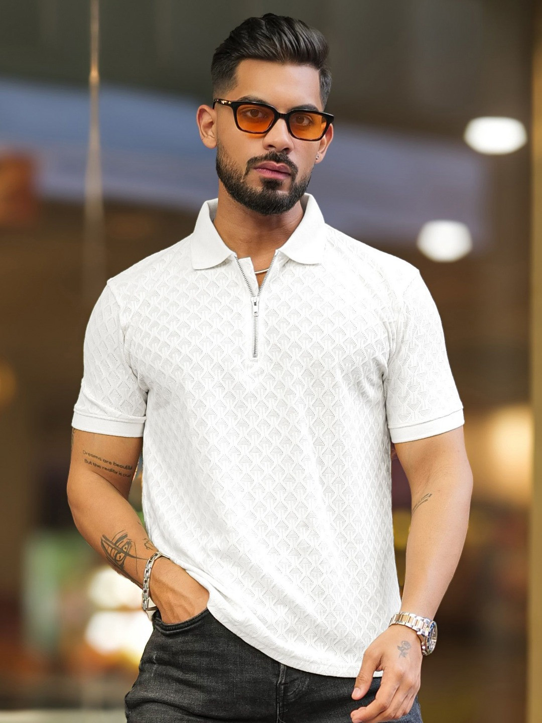 

Maniac Men Self Design Polo Collar Cotton T-shirt, White