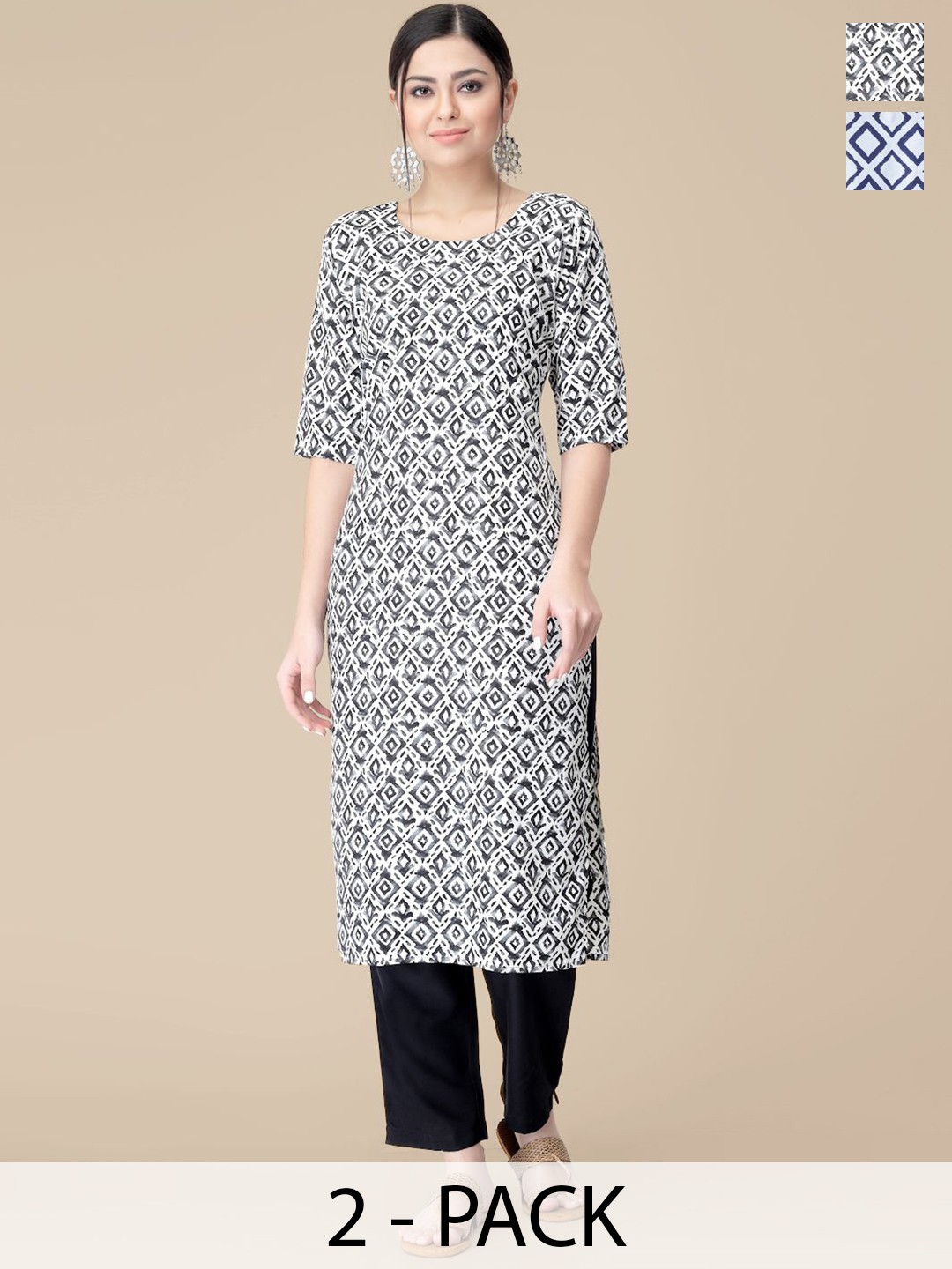 

7Threads Selection Of 2 Ethnic Motifs Printed Round Neck Straight Kurtas With Trousers, White