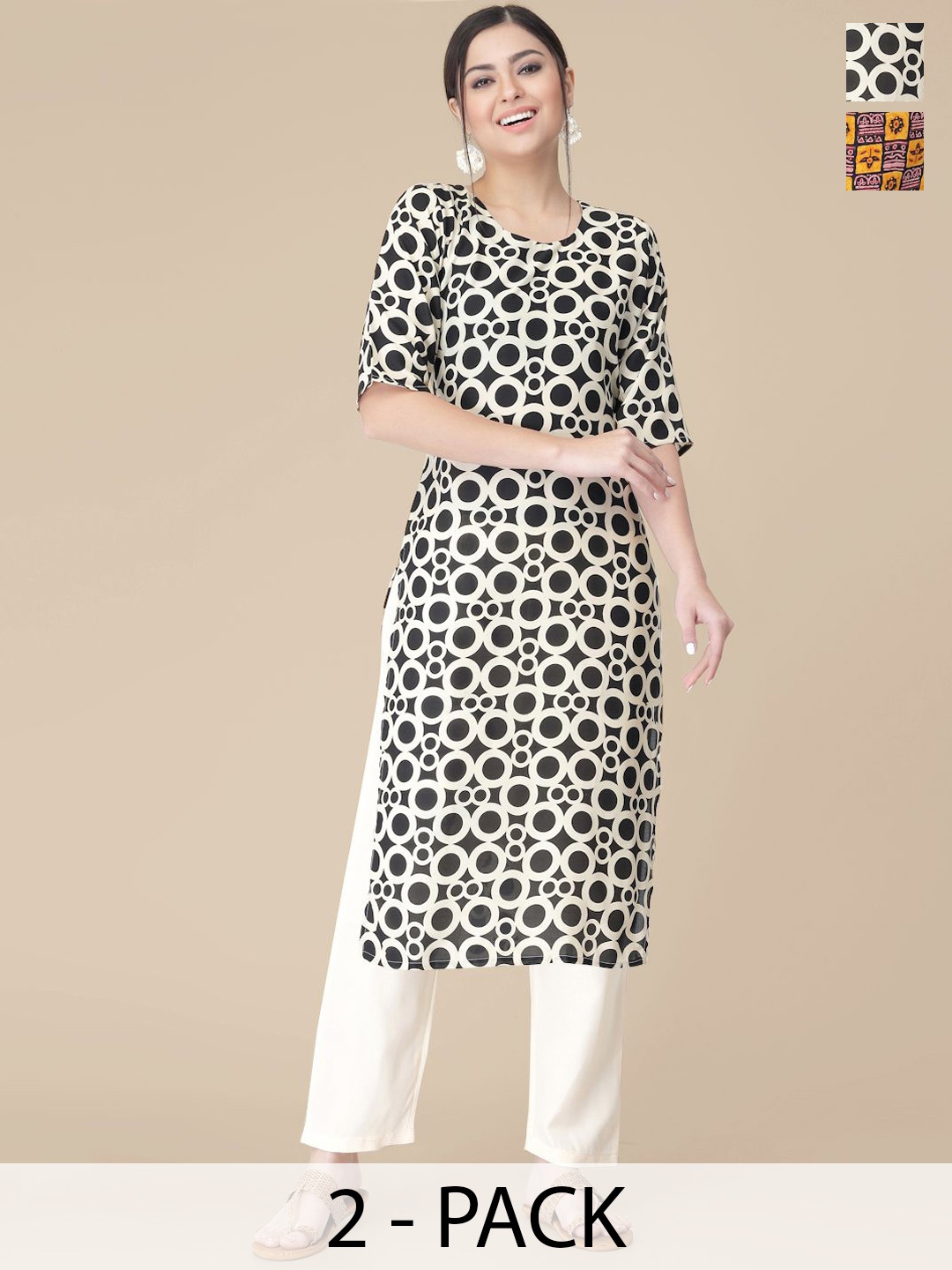 

7Threads Selection Of 2 Geometric Printed Round Neck Straight Kurtas With Trousers, Yellow