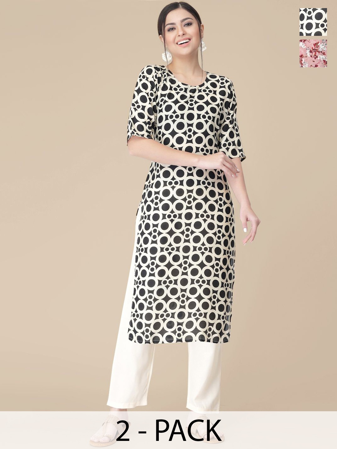

7Threads Selection Of 2 Geometric Printed Round Neck Straight Kurtas With Trousers, Black