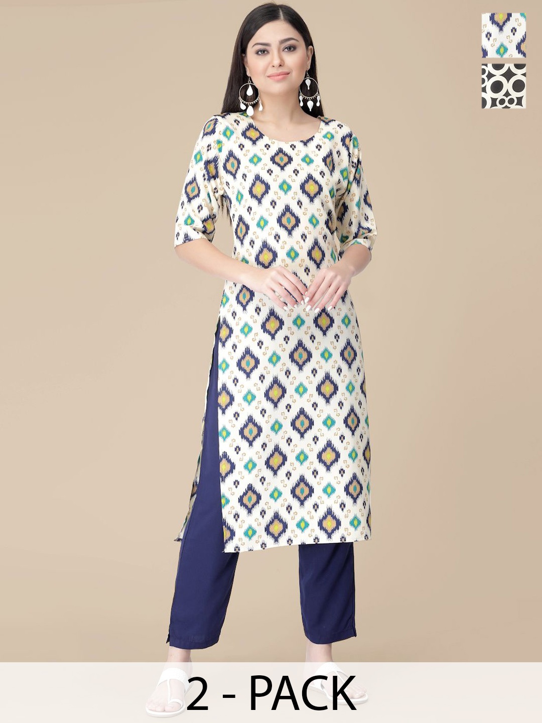 

7Threads Selection Of 2 Ethnic Motifs Printed Round Neck Straight Kurtas With Trousers, White