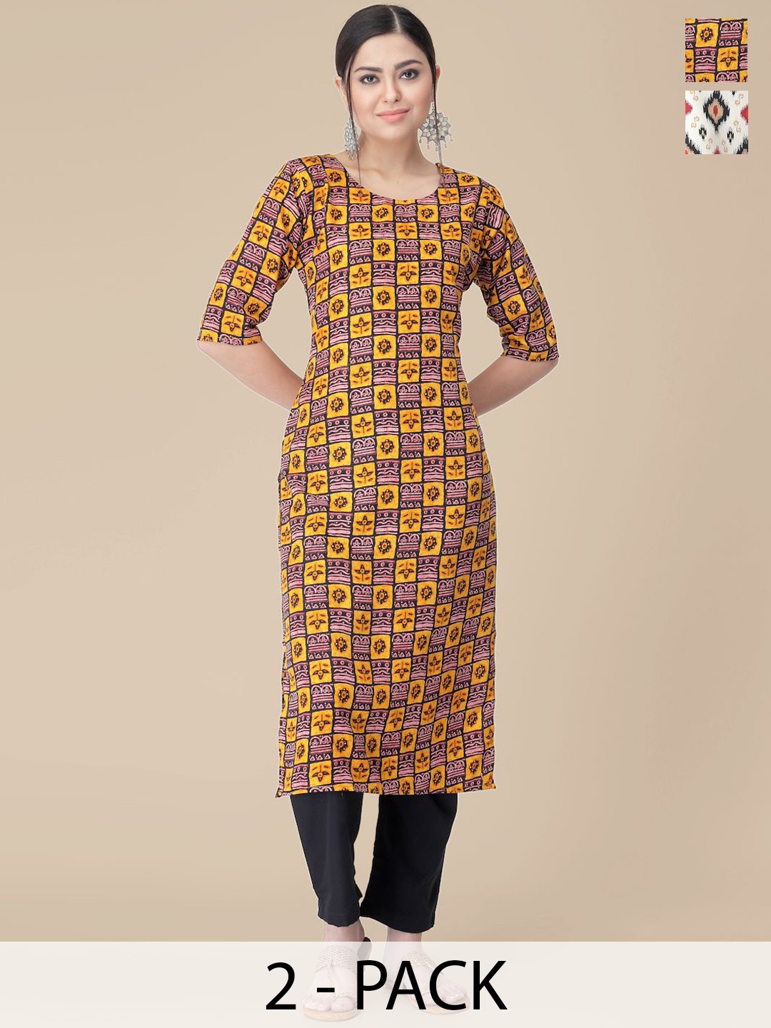 

7Threads Selection Of 2 Ethnic Motifs Printed Round Neck Straight Kurtas With Trousers, Pink