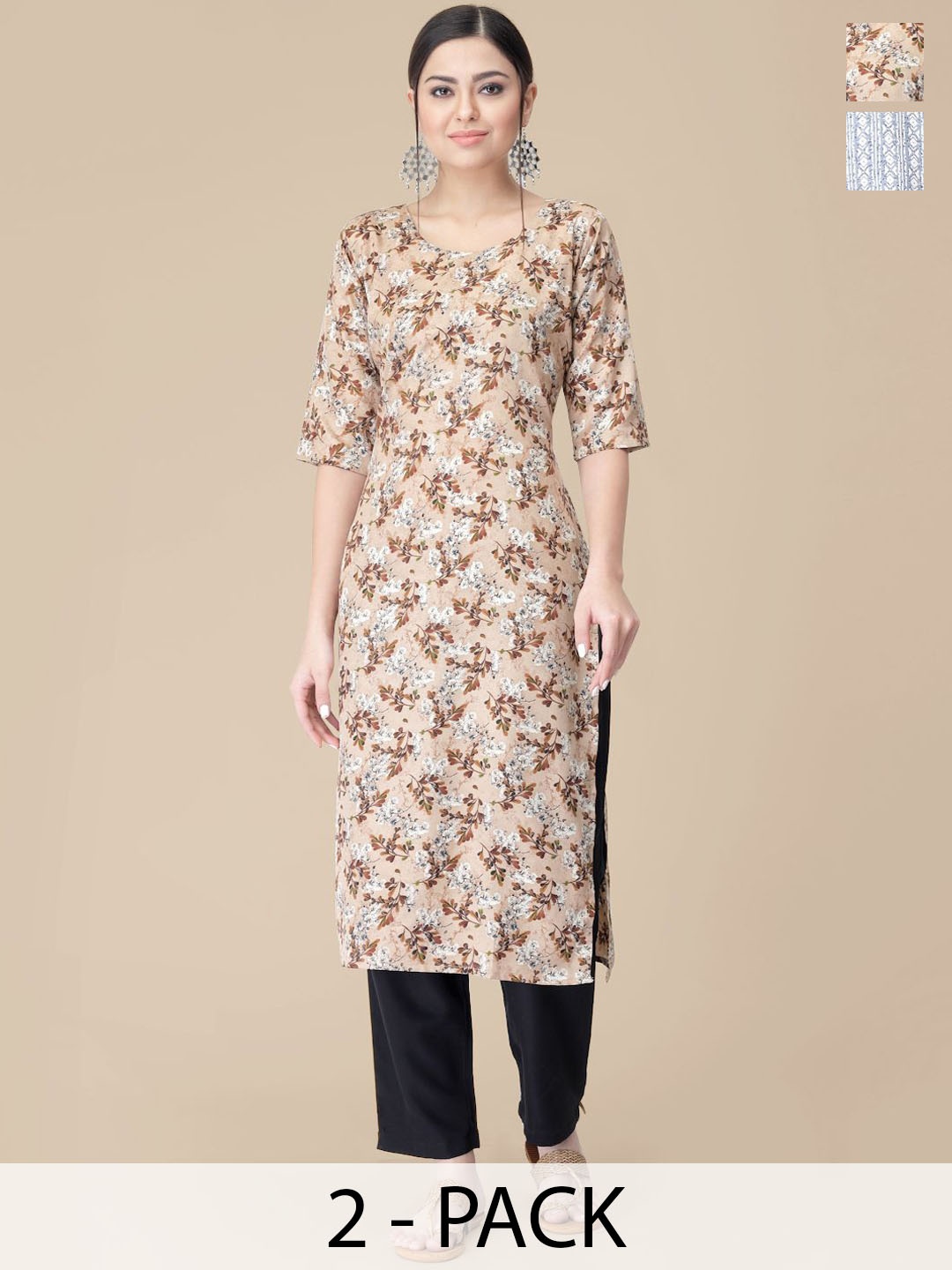 

7Threads Selection Of 2 Floral Printed Round Neck Straight Kurtas With Trousers, Beige