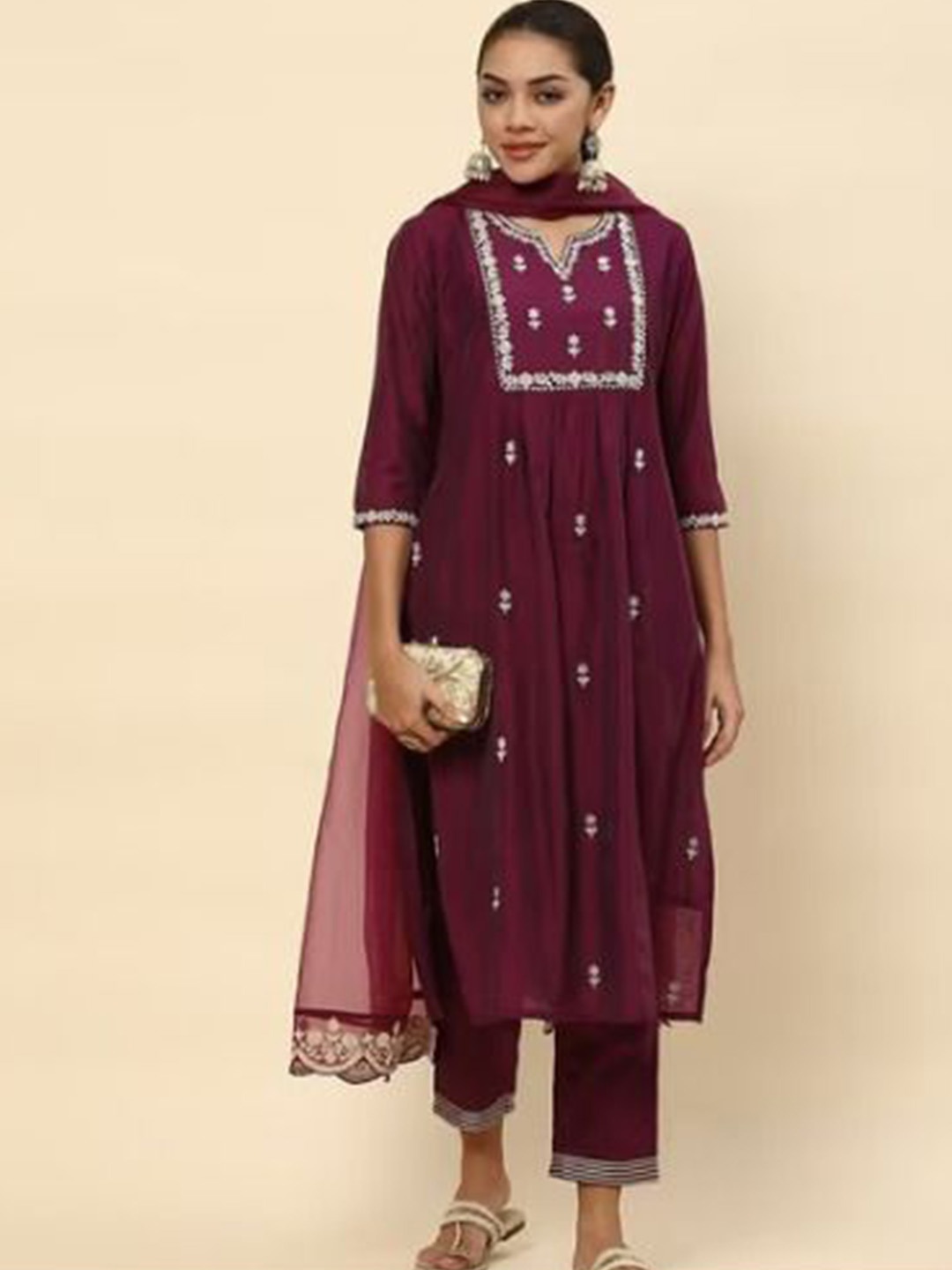 

Ekeshwara Floral Embroidered Thread Work Chanderi Silk Kurta with Trousers & Dupatta, Purple