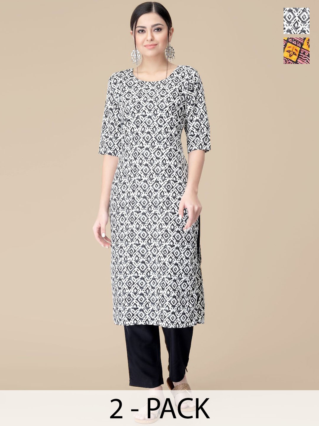 

7Threads Selection Of 2 Geometric Printed Straight Kurta With Trousers, White