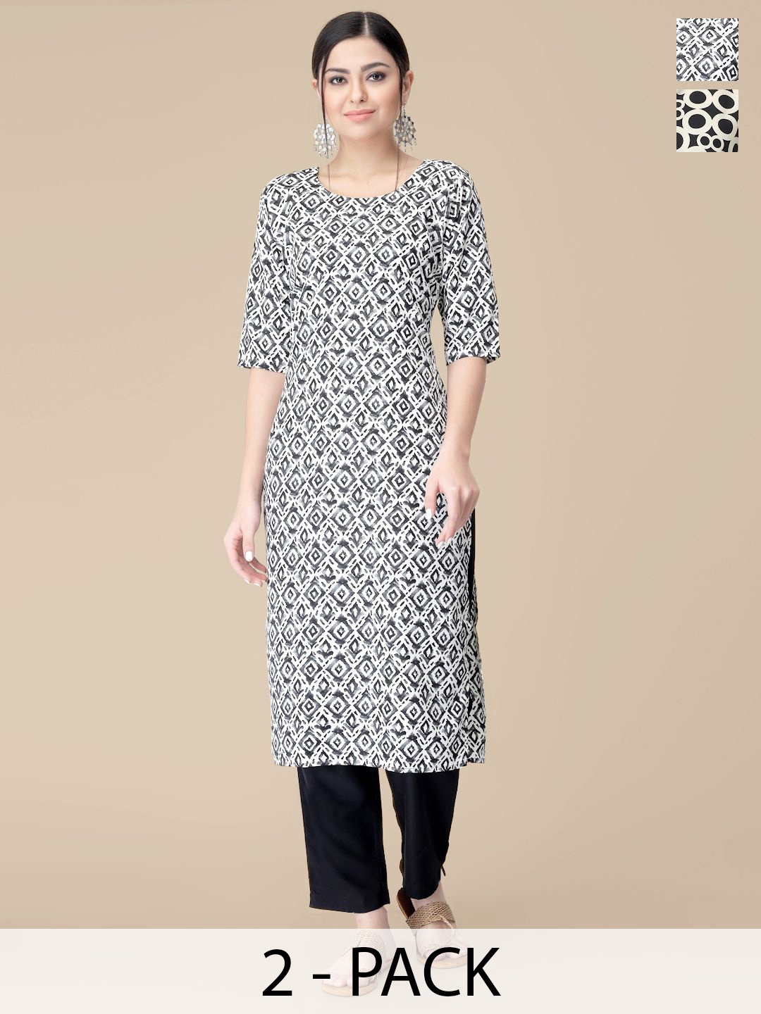 

7Threads Selection Of 2 Geometric Printed Straight Kurta With Trousers, Black