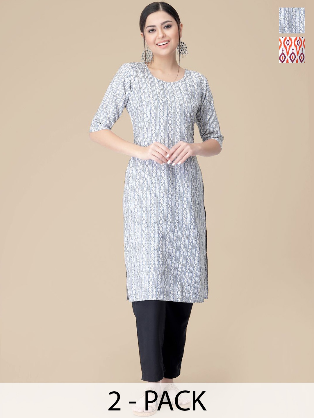 

7Threads Selection Of 2 Geometric Printed Straight Kurtas With Trousers, Blue