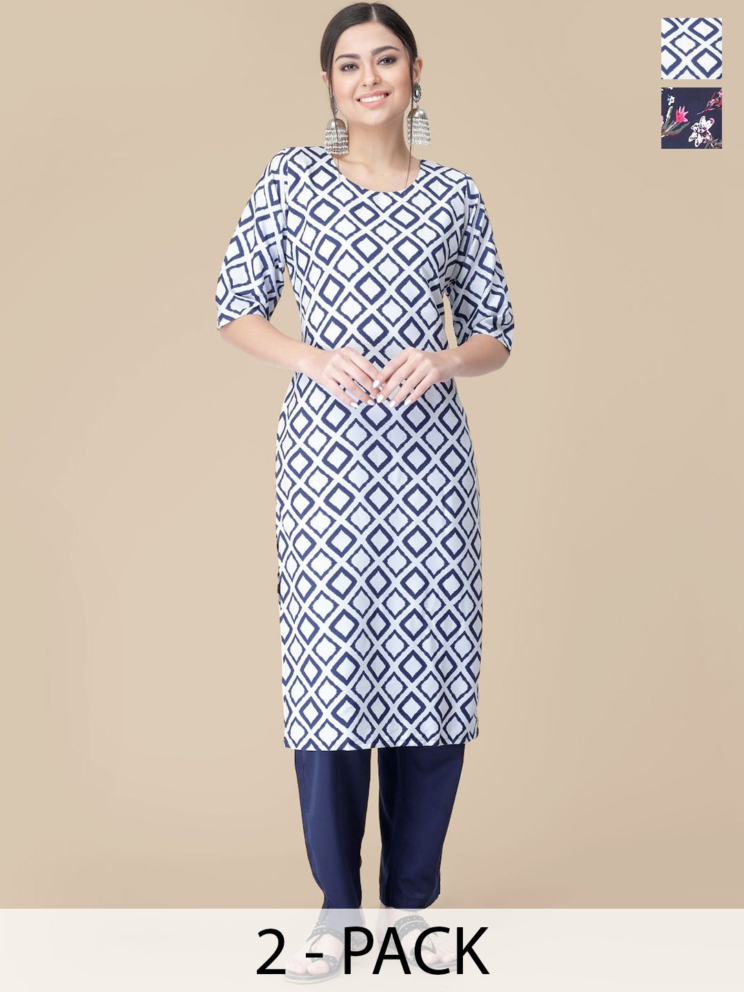 

7Threads Selection Of 2 Geometric Printed Straight Kurta With Trousers, White