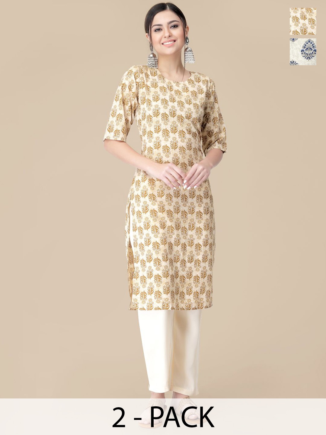 

7Threads Selection Of 2 Floral Printed Straight Kurta With Trousers, Brown