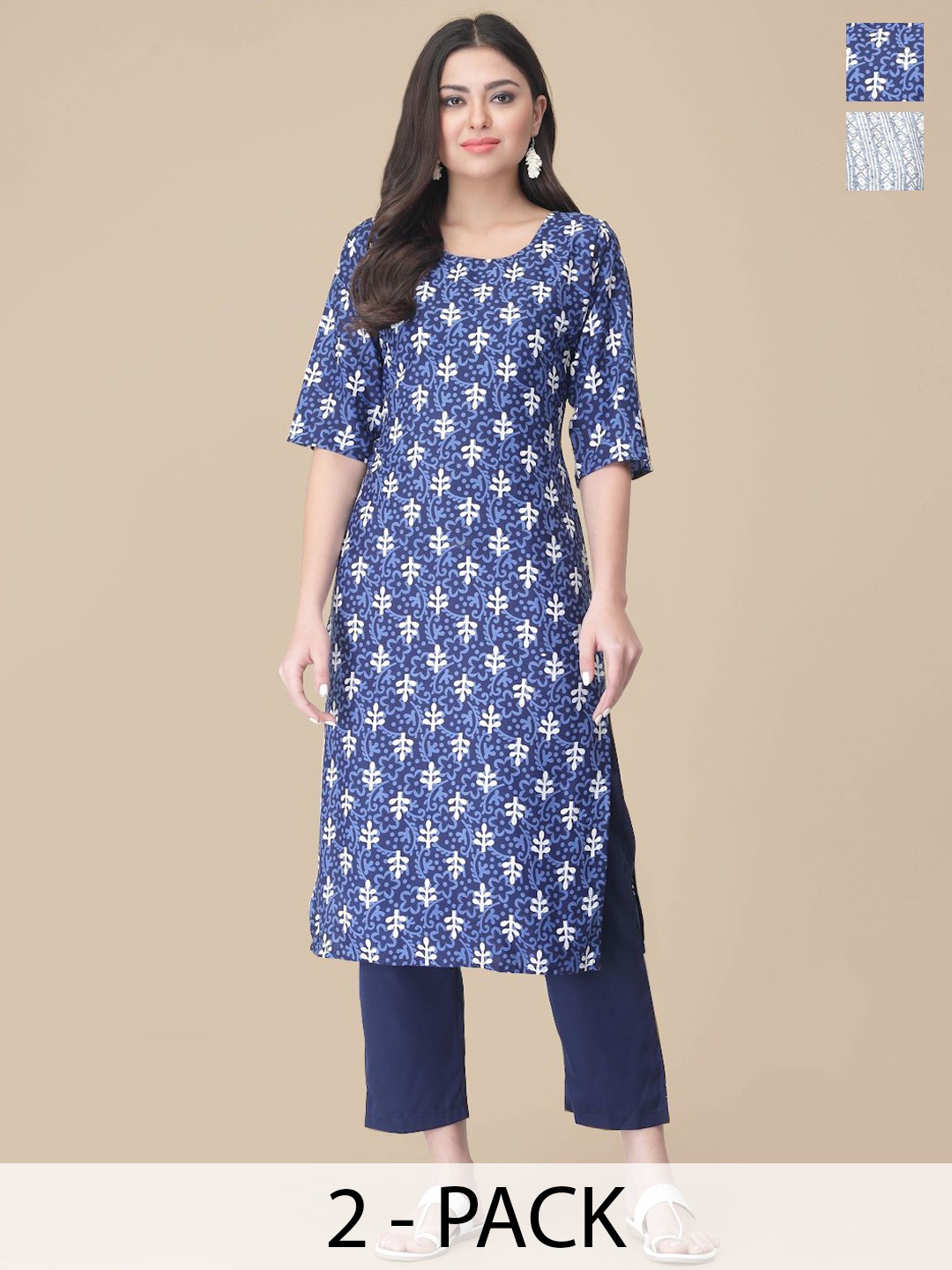 

7Threads Selection Of 2 Floral Printed Straight Kurta With Trousers, Navy blue