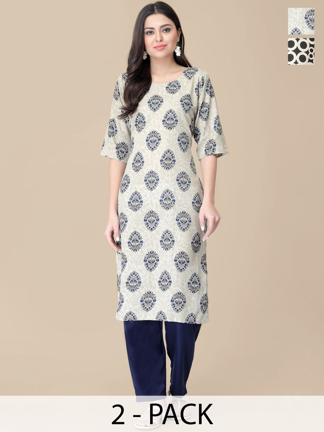 

7Threads Selection Of 2 Ethnic Motifs Printed Straight Kurta With Trousers, Cream